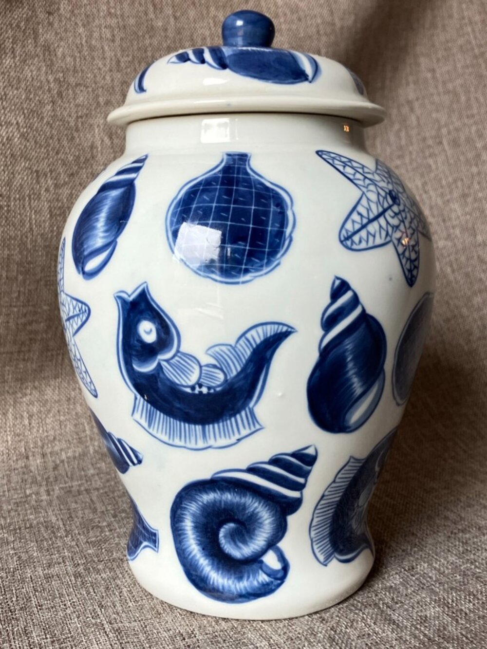 Nautical Themed 8" Ceramic Blue and White Ginger Jar, EUC